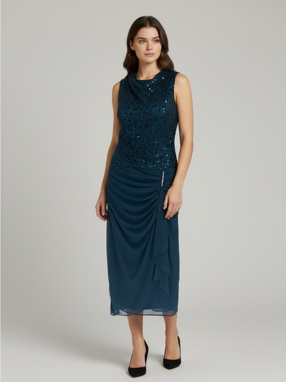 Betsy & Adam Teal Sequin Top Draped Midi Dress